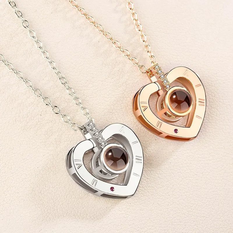 I Love You necklace with zircon pendant in silver, 100 languages design, chain length 40+5 cm
