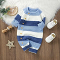 Knitted one-piece baby romper jumpsuit in white with single-breasted front closure and long sleeves