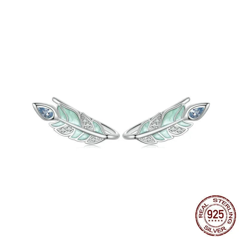 Mori Style feather stud earrings in S925 sterling silver with white gold plating, 12mm by 6mm, natural style for women