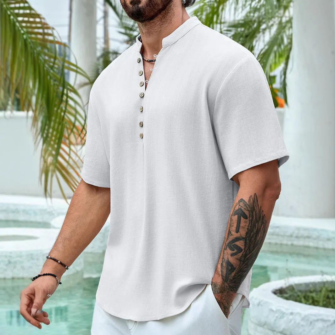 Men's summer deep V-neck multi-button short sleeve casual shirt in khaki, pullover style, viscose fabric