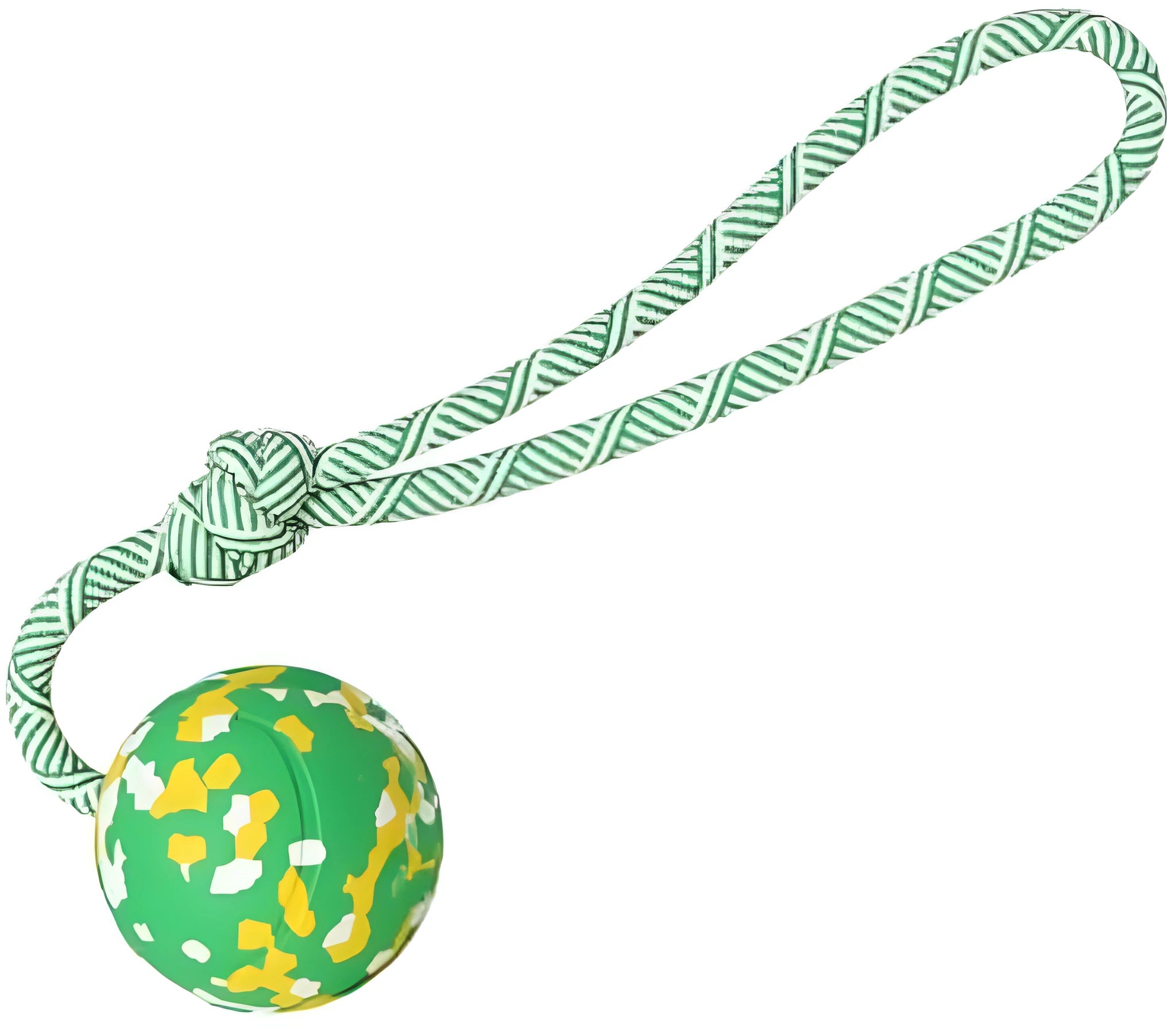 Natural rubber dog ball attached to a nylon rope for fetch and tug play.