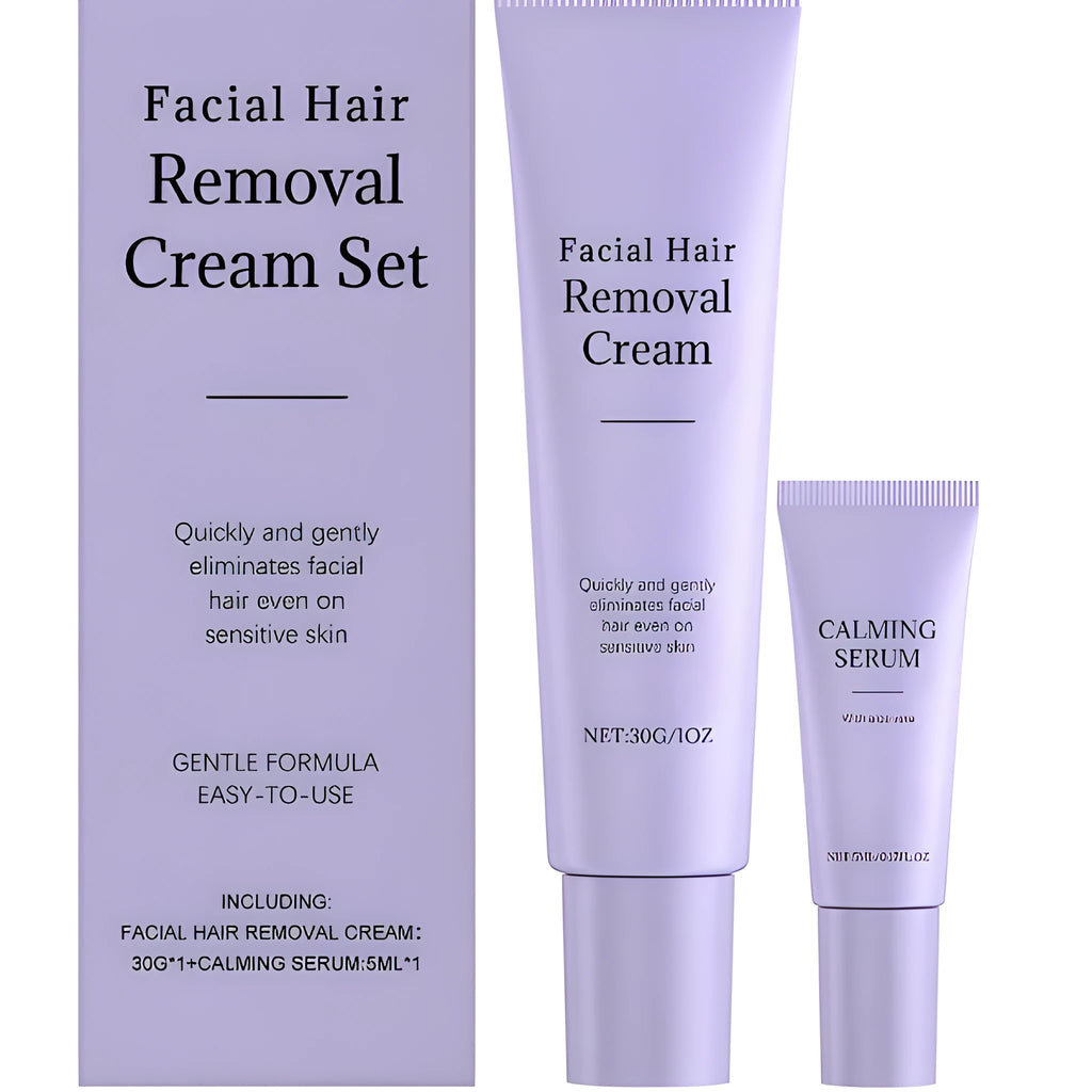 Facial hair removal cream set with 30g depilatory tube and 5ml ball essence, on a white background
