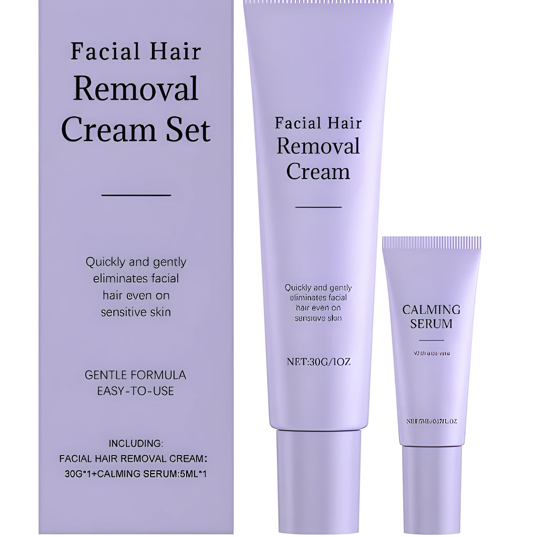 Facial hair removal cream set with 30g depilatory tube and 5ml ball essence, on a white background