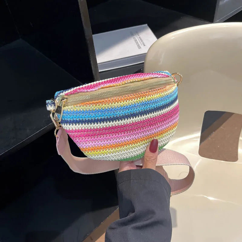 Blue woven straw women's shoulder bag with single strap and shell shape