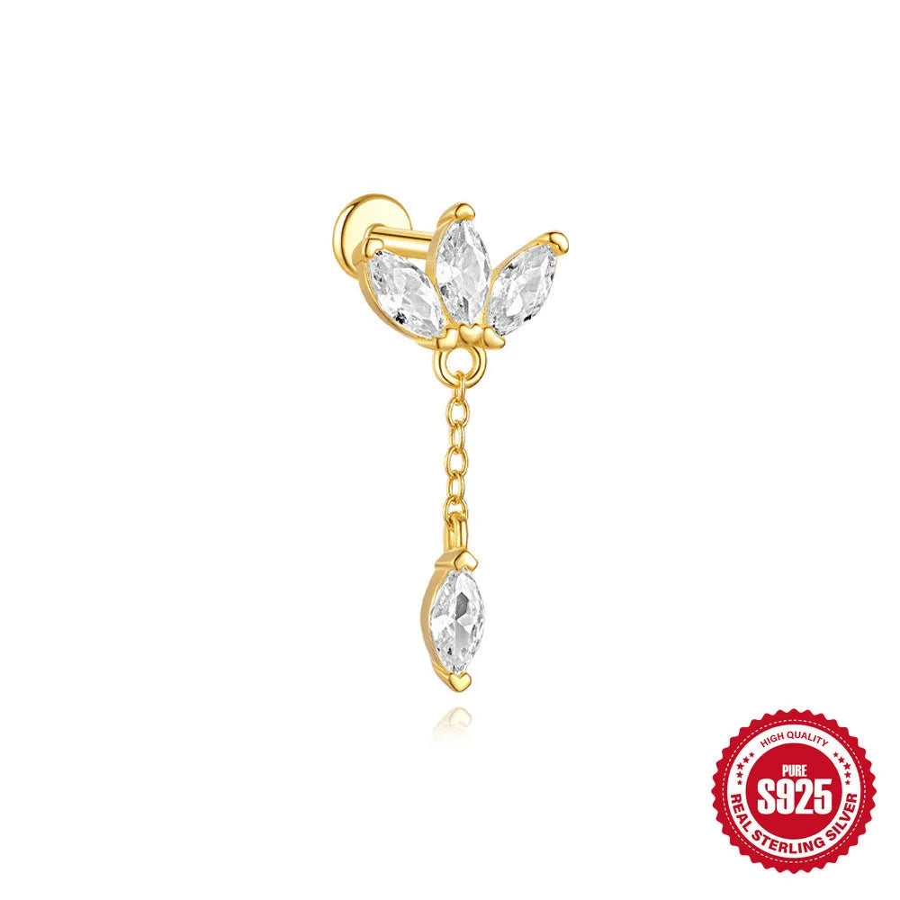 S925 sterling silver water drop shaped earring with a flat spiral puncture pattern, in a gold tone finish.