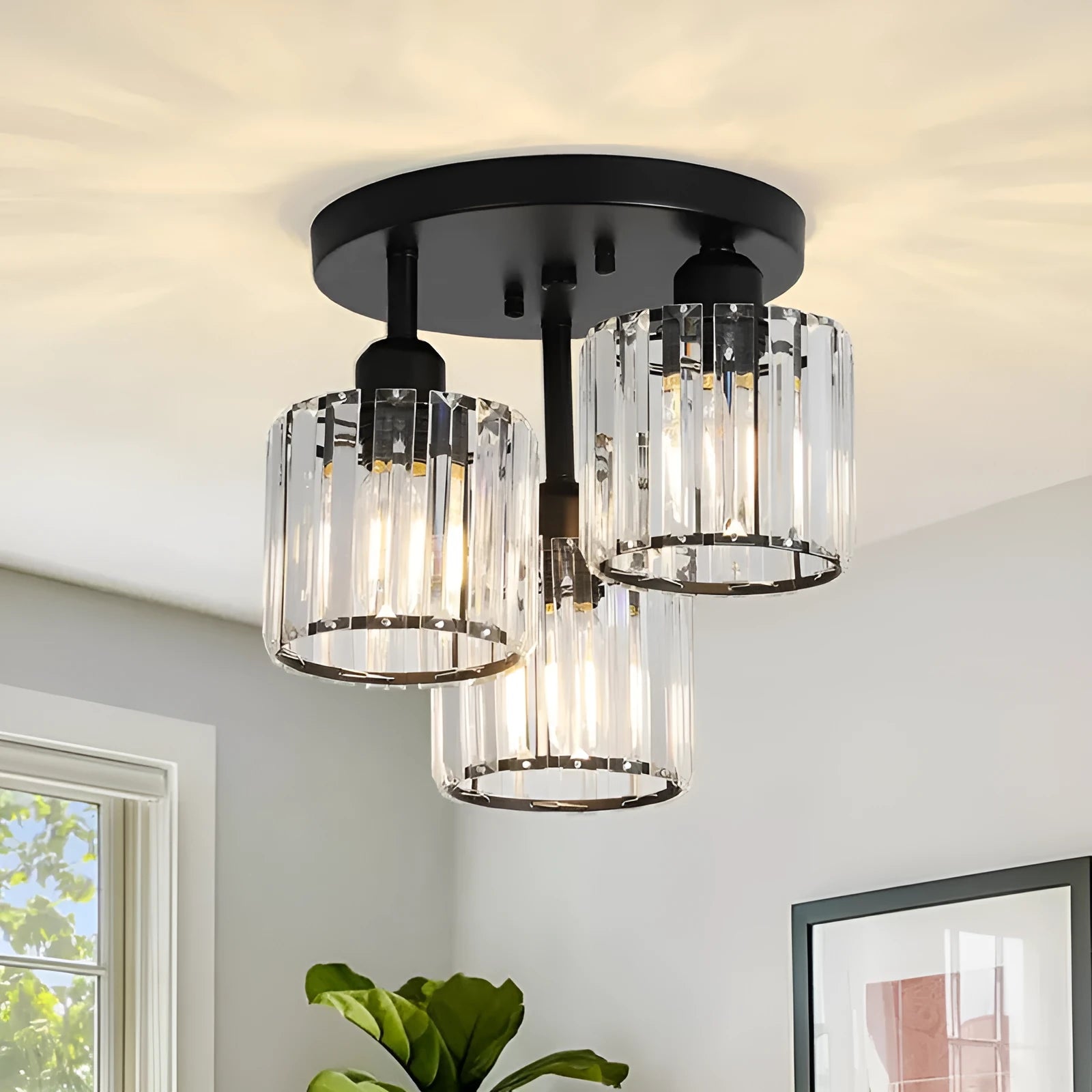 Modern crystal ceiling light in black finish with metal frame and crystal accents for corridor or entrance use