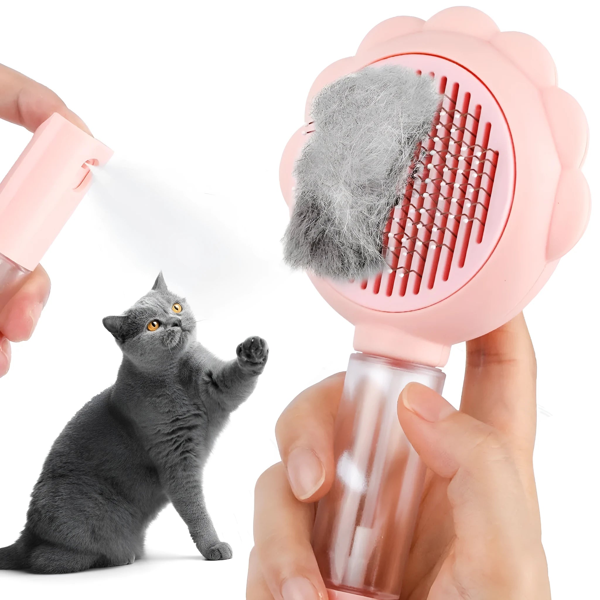 Grey self-cleaning cat brush with spray function and stainless steel bristles on a white background.