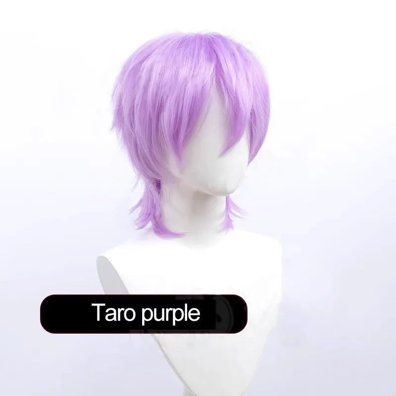 A short hairstyle Anime cosplay wig for men on a stand, shown in a vibrant colour.