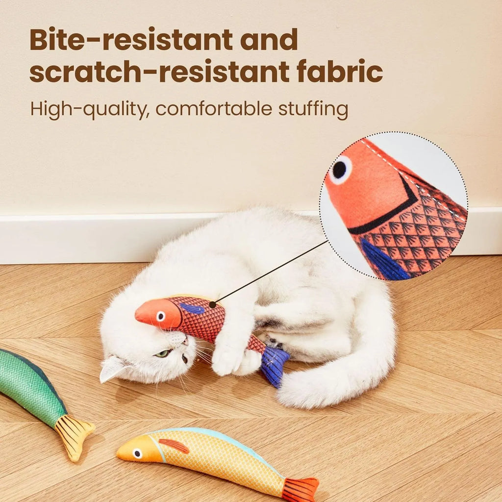 Green orange yellow catnip fish kicker toy measuring 24cm with soft plush material for indoor cat exercise