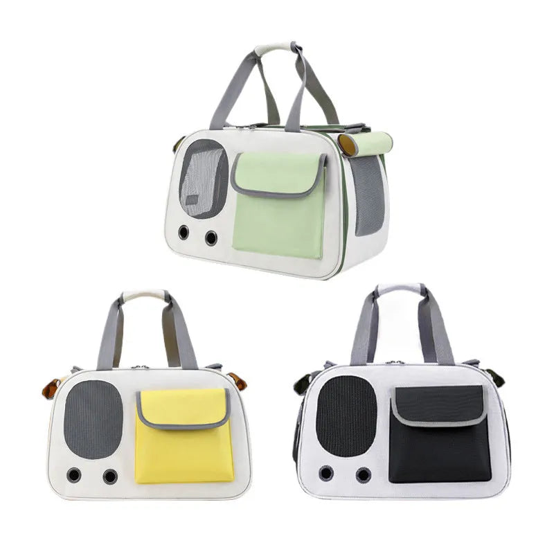 Foldable single shoulder pet carrier bag in canvas material showing large capacity design