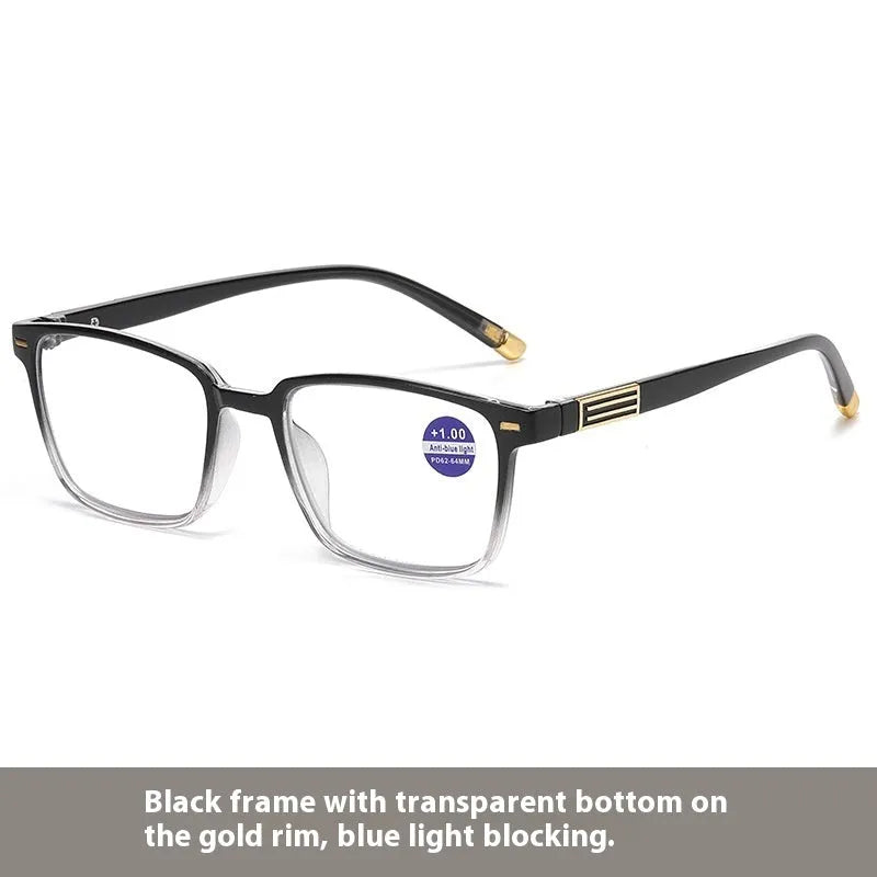 Multifocal reading glasses with anti-blue-light and colour-changing lenses in a black and silver frame.