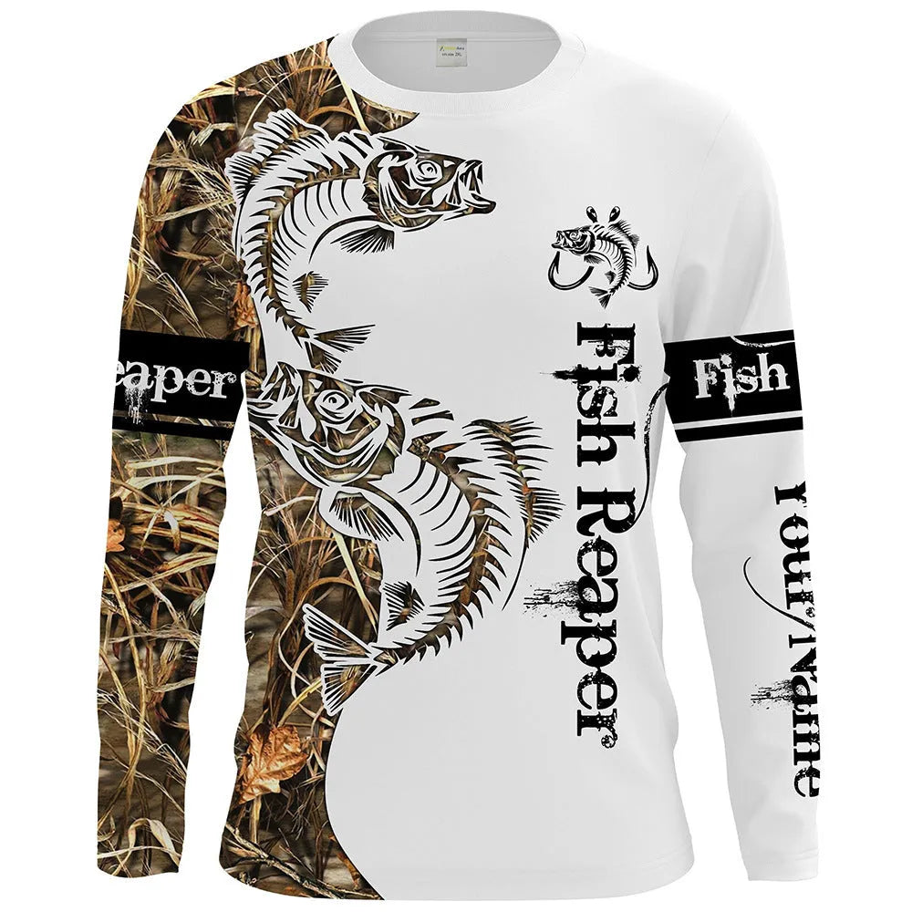 Men's grey round neck pullover top with an all-over printed fish pattern on the front and sleeves.