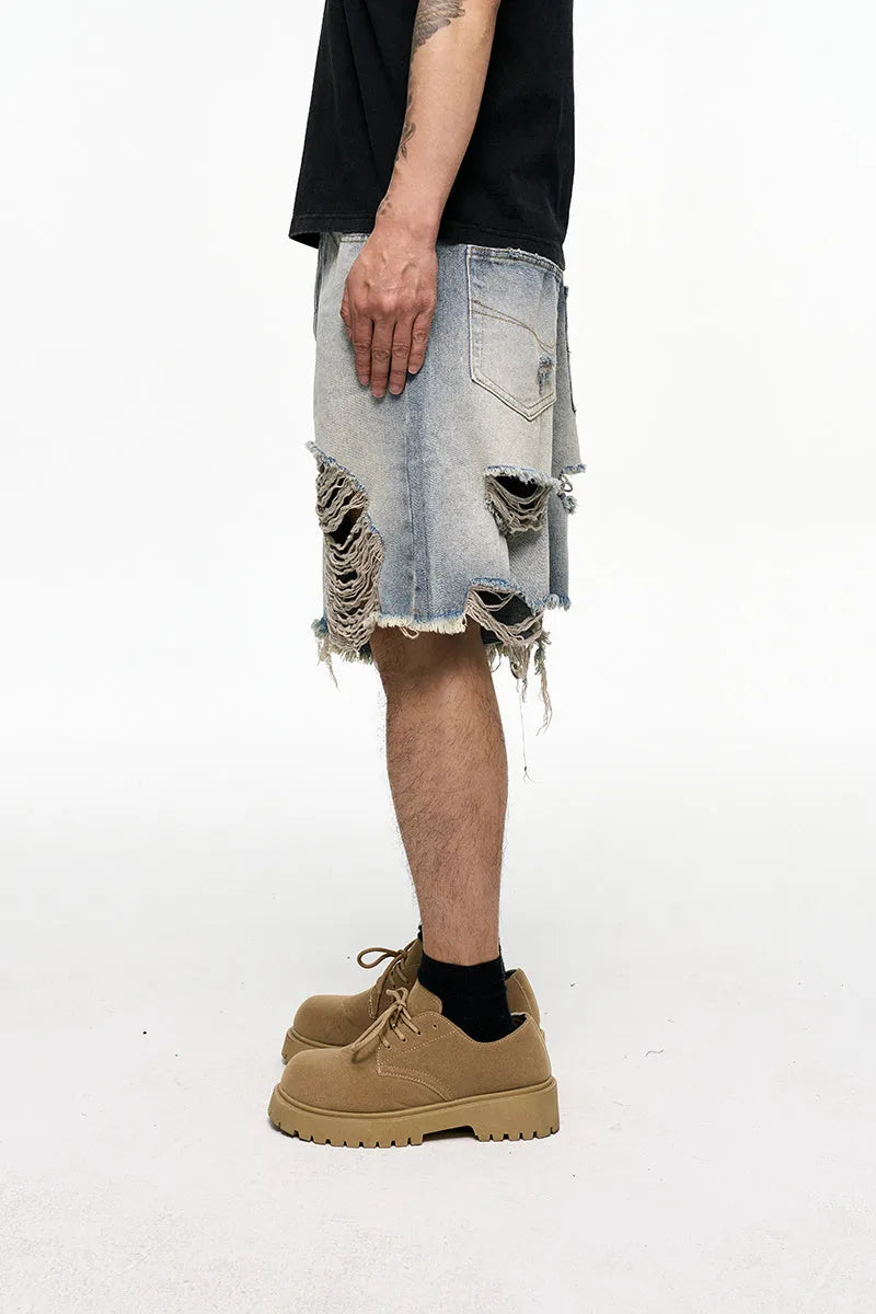Light blue washed denim shorts with wide leg baggy fit and mid waist design