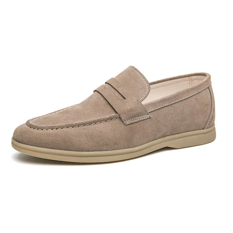 Men's leather slip-on casual shoe in beige with round toe and rubber sole