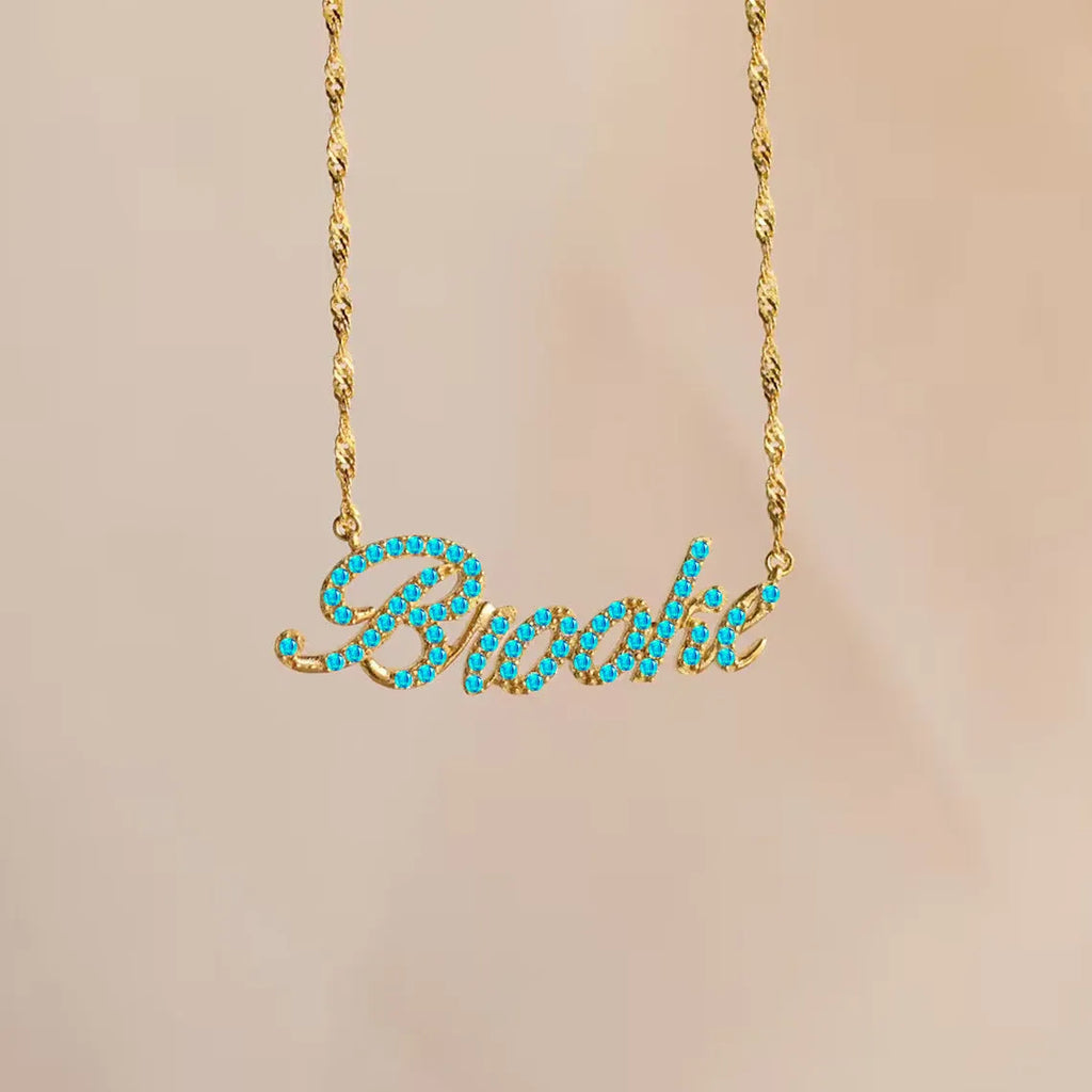 Customised copper geometric name necklace for women in gold finish