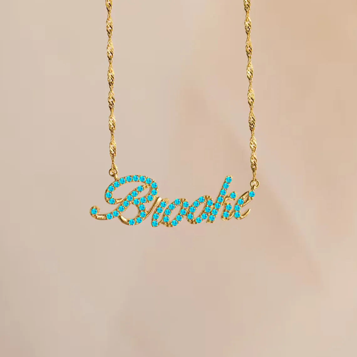 Customised copper geometric name necklace for women in gold finish