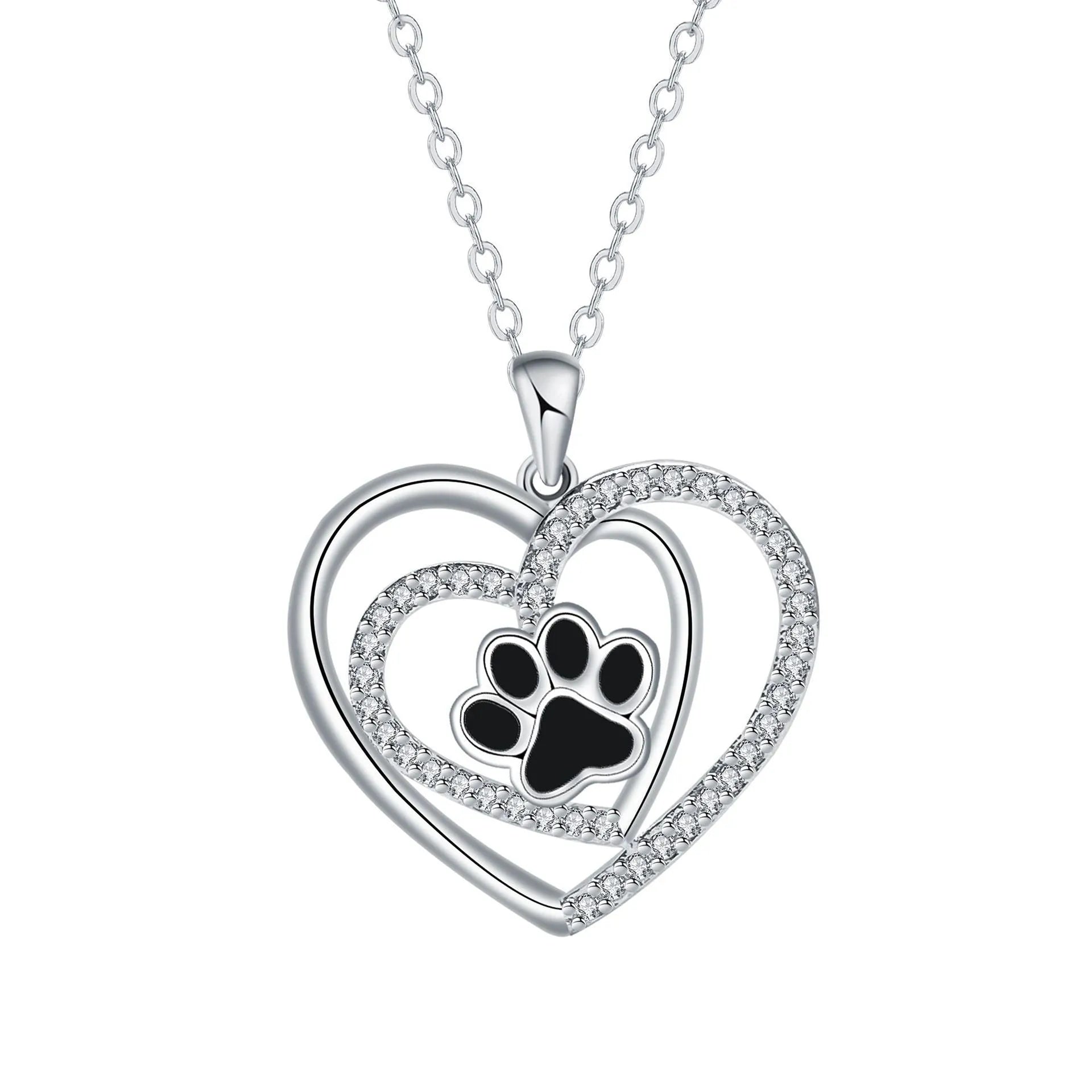 Copper dog paw print necklace with heart motif on cross chain for women