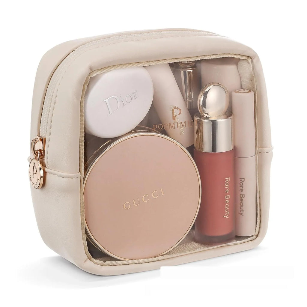 Clear PVC cosmetic bag with waterproof lining shown in a beige colour option.