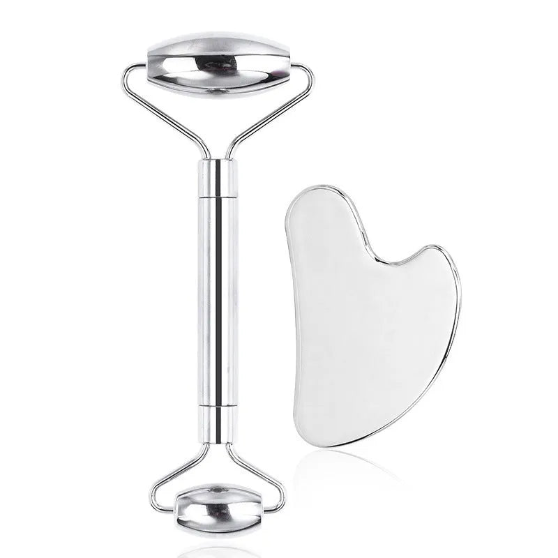 Stainless steel facial massage tool set with heart-shaped eye board and dual-head roller