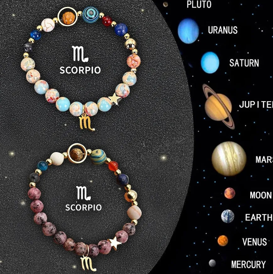 Set of two natural stone beaded bracelets showing zodiac sign designs on elasticated cords
