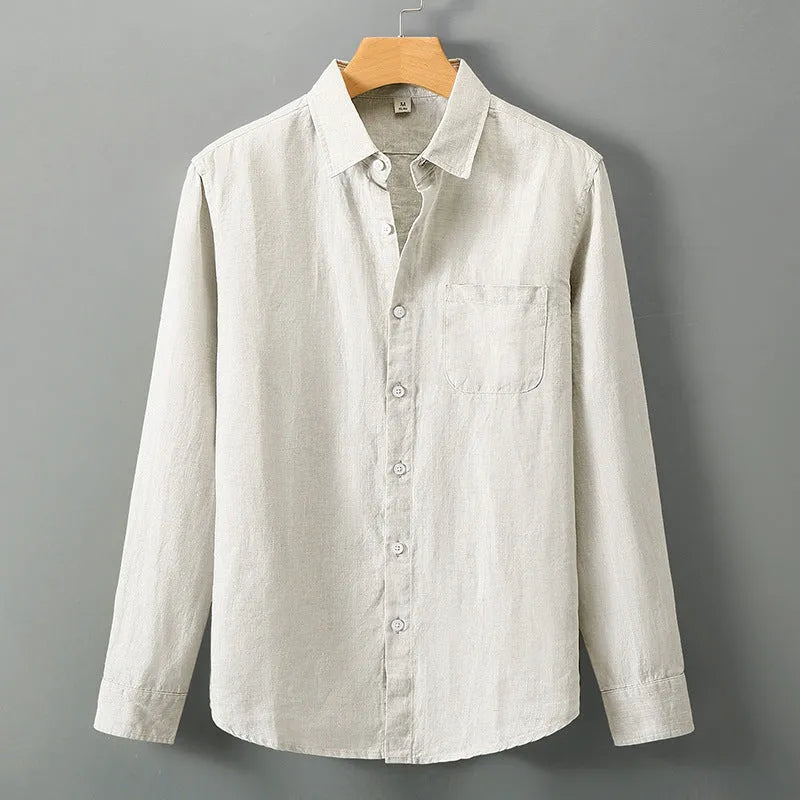 Chinese style linen cardigan shirt with long sleeves in solid colour
