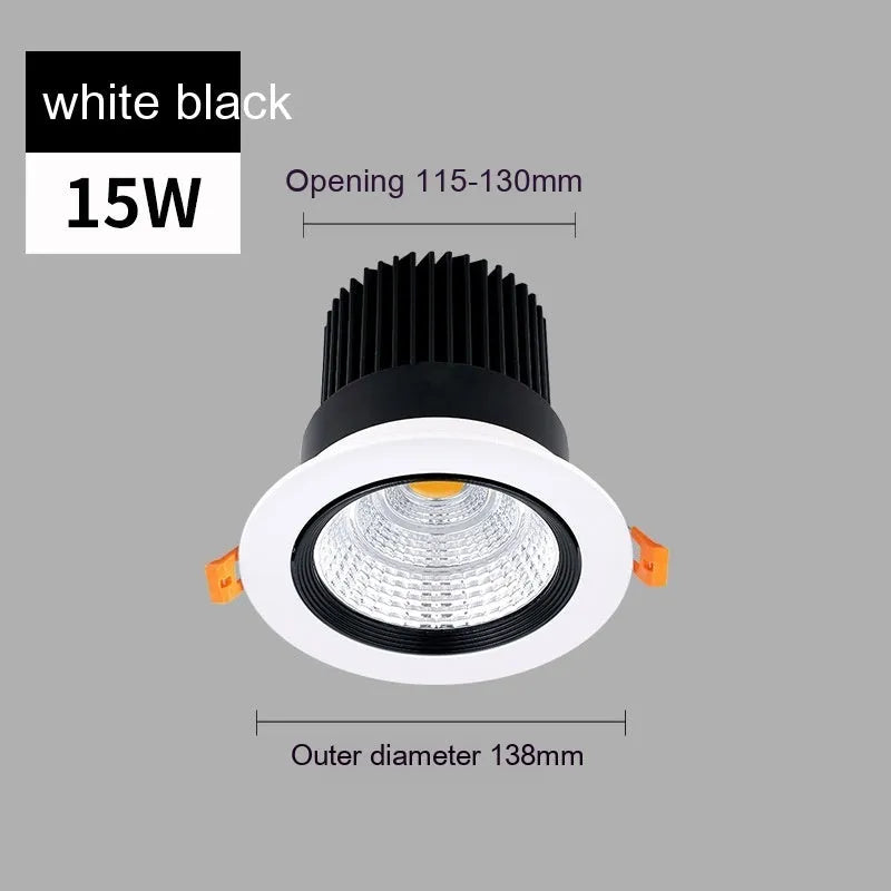 Black aluminium embedded LED ceiling spotlight with anti-glare design showing three colour temperature options