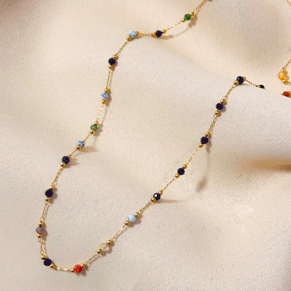 Gold titanium steel women's necklace with natural stone pendant and O-ring chain in retro simple style