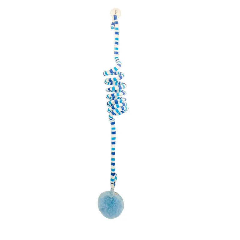 Colourful spring cat toy with hanging bell stick and inflatable ball, shown with a white suction cup.