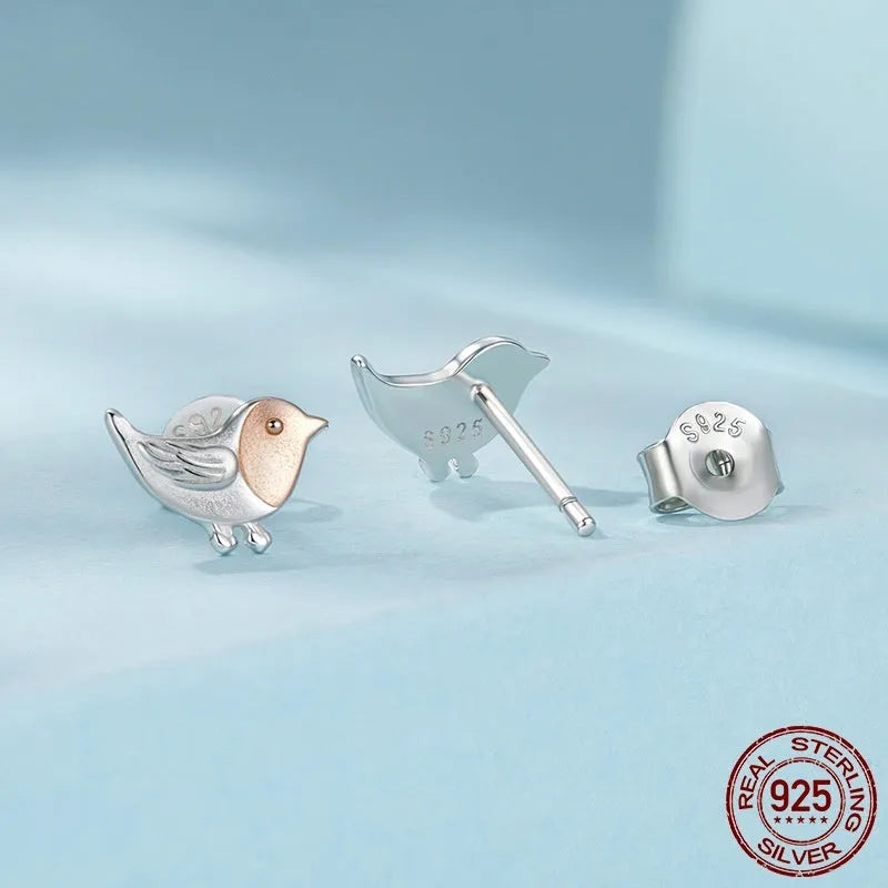 S925 sterling silver bird ear studs electroplated finish three-dimensional design side view