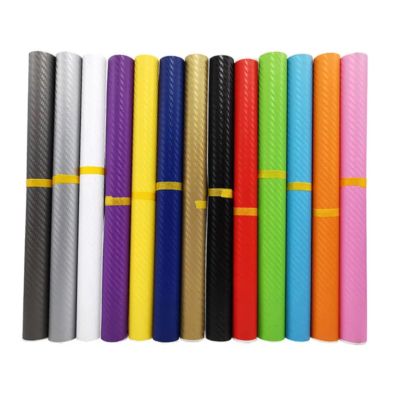 Roll of 3D carbon fibre car sticker in multiple colour options showing dimensions