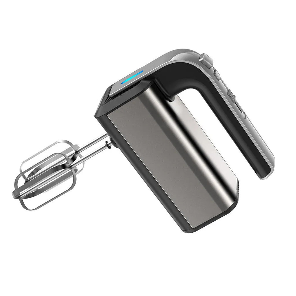 Silver mini electric handheld whisk with stainless steel beaters and 5-speed control