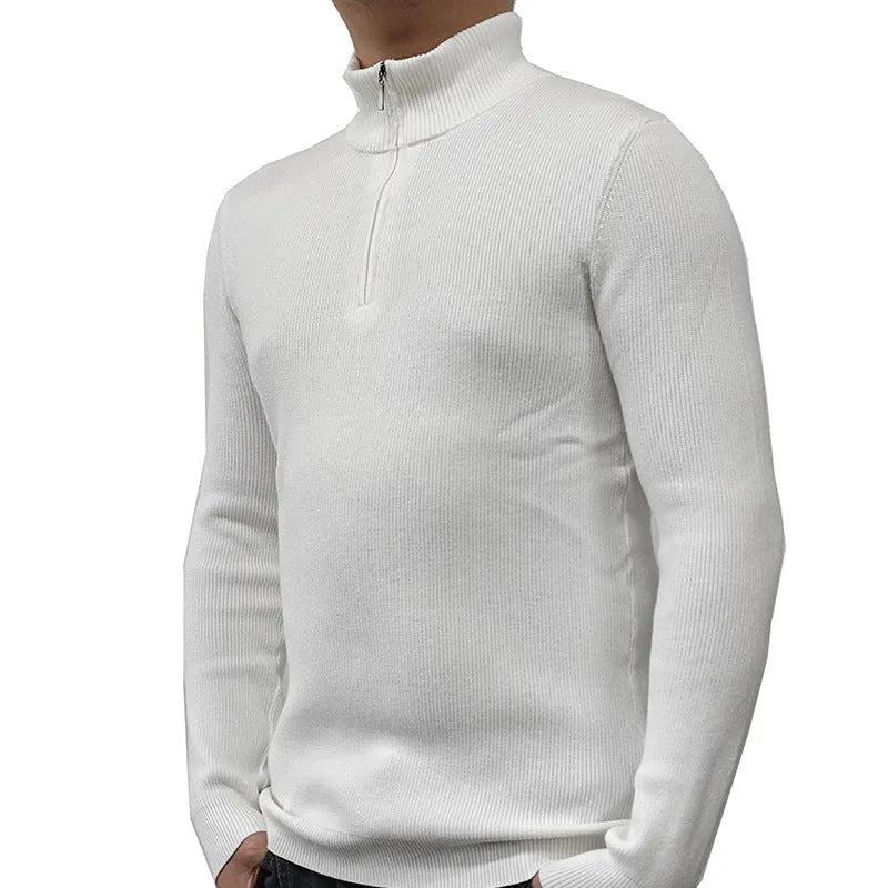 Men's half-turtleneck zip-up sweater in cotton blend fabric with front zipper and long sleeves