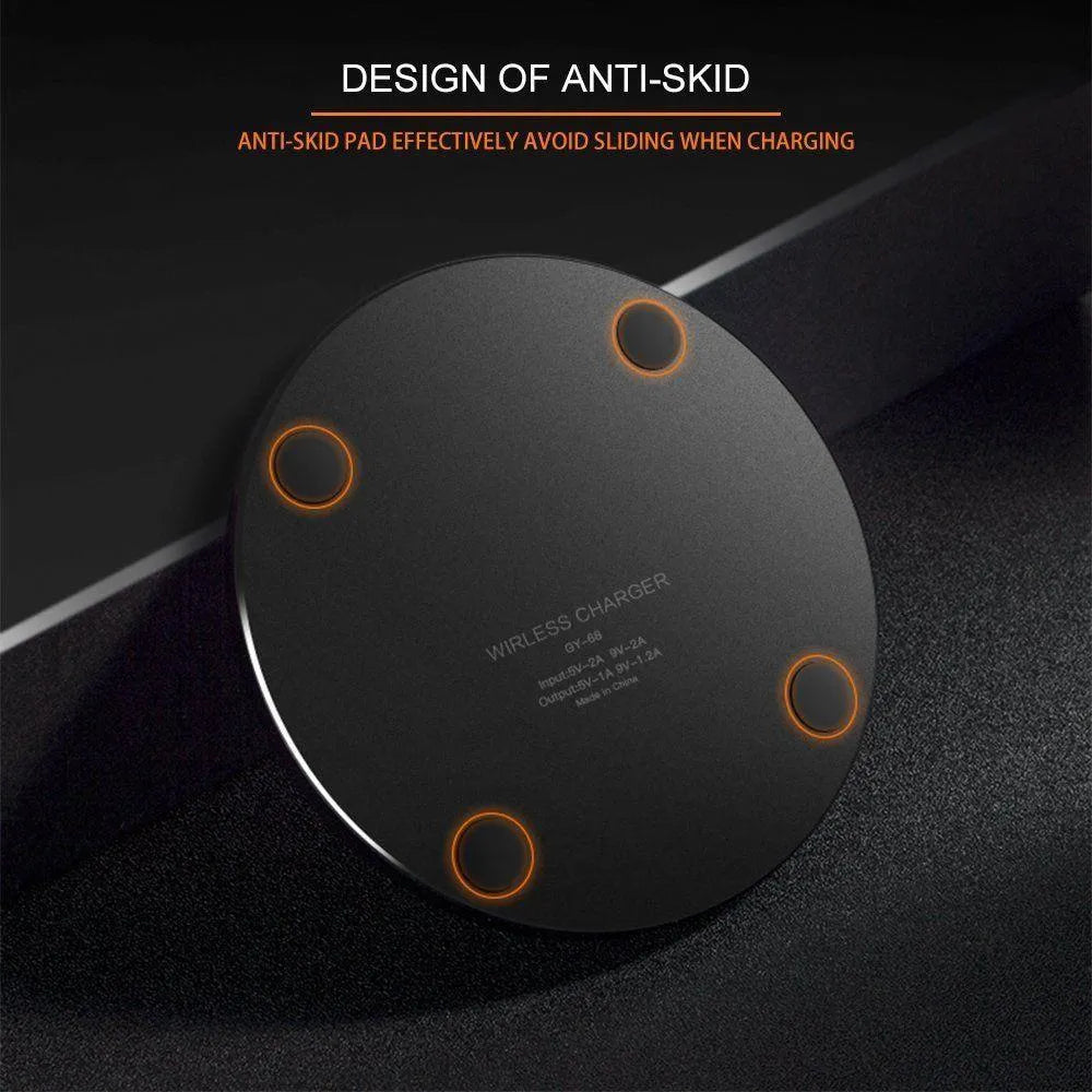 Black square QI wireless charging base measuring 98x98mm with ultra-thin 6.5mm profile