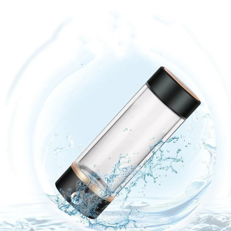 380ml portable hydrogen water ionizer bottle in black with high borosilicate glass body and 22cm height