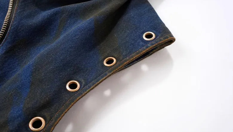 Blue hooded denim vest coat and matching trousers laid flat, showing zip front and Korean style design