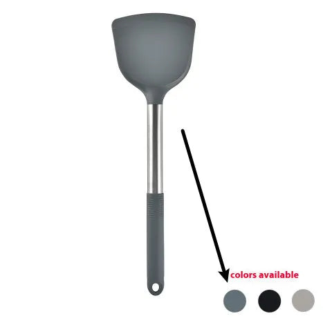 12-piece silicone kitchenware set with rotating storage bucket showing utensils in black, dark grey or khaki colours