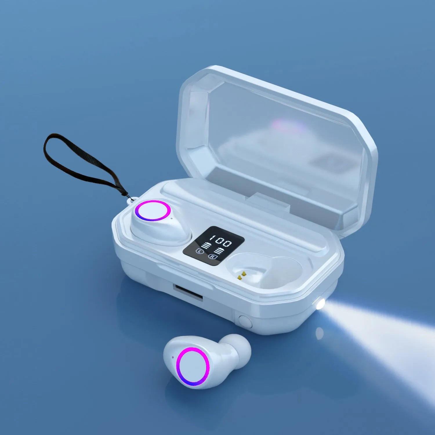 Black and white wireless Bluetooth headset with charging cabin showing LED power display
