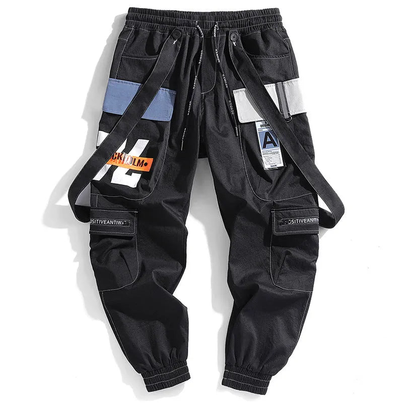Men's Hong Kong fashion workwear casual pants with multi-pockets, loose fit, zip fly, in Black colour, T400 fabric