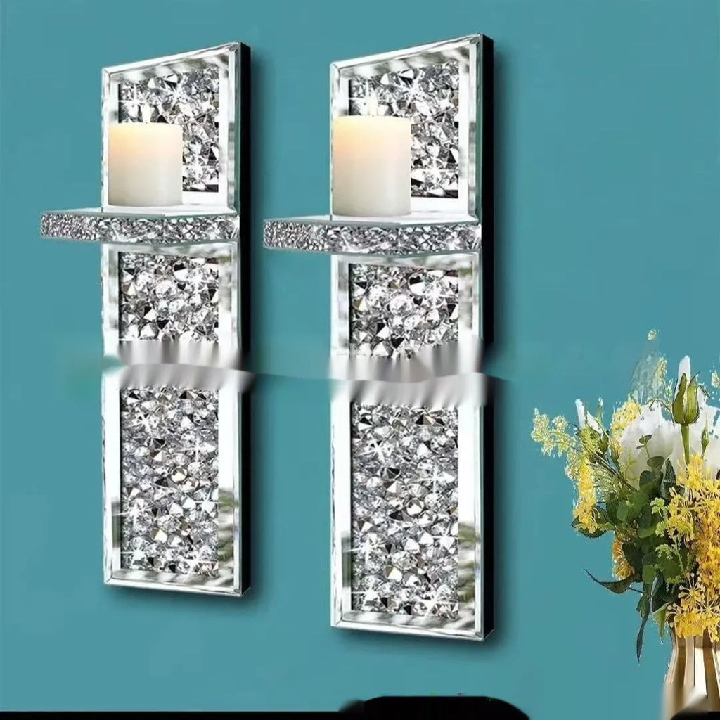 Pair of silver mirror glass candlestick holders mounted on wall for modern home decoration