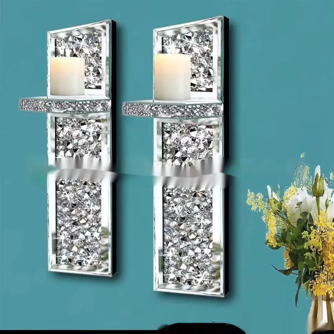 Pair of silver mirror glass candlestick holders mounted on wall for modern home decoration