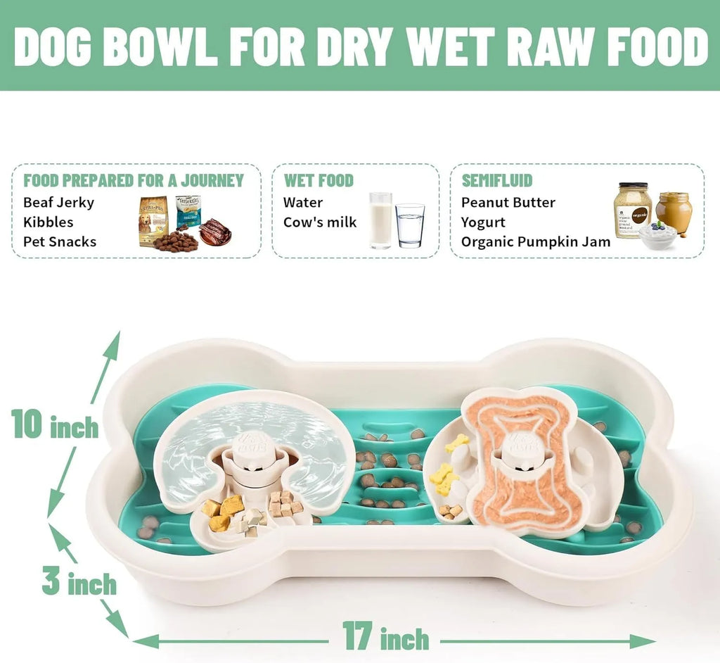 Large green three-tier dog slow feeder bowl with removable trays and suction cup base