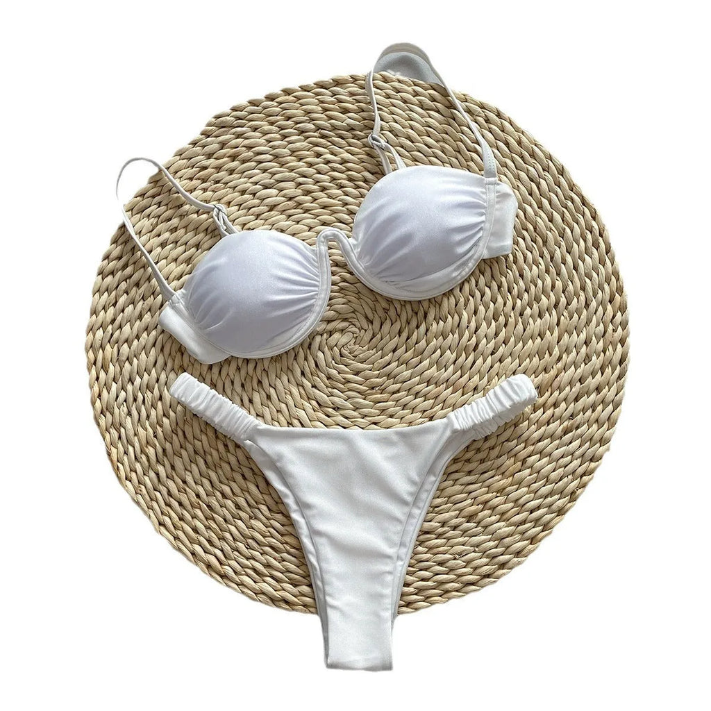 Women's underwire bikini swimsuit set in khaki, shown in a briefs style for fitness and swimming.