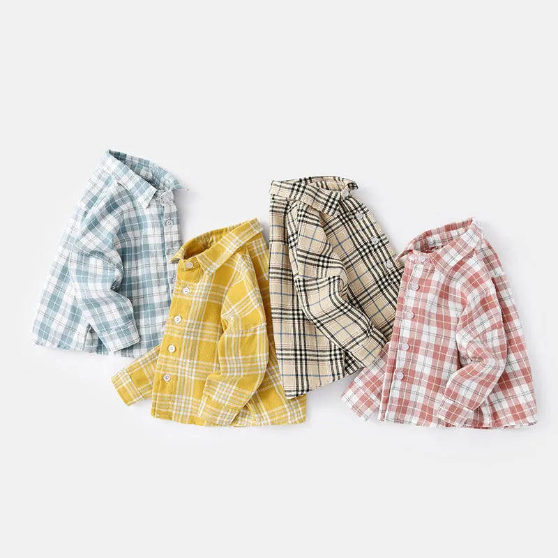 Boys' long sleeve cotton shirt with lattice pattern in khaki, light blue, pink or yellow colours