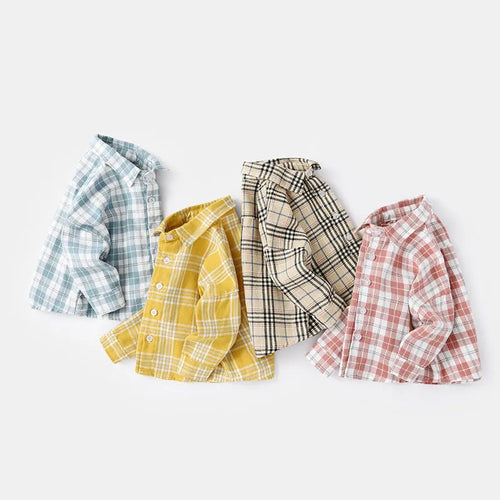 Boys' long sleeve cotton shirt with lattice pattern in khaki, light blue, pink or yellow colours