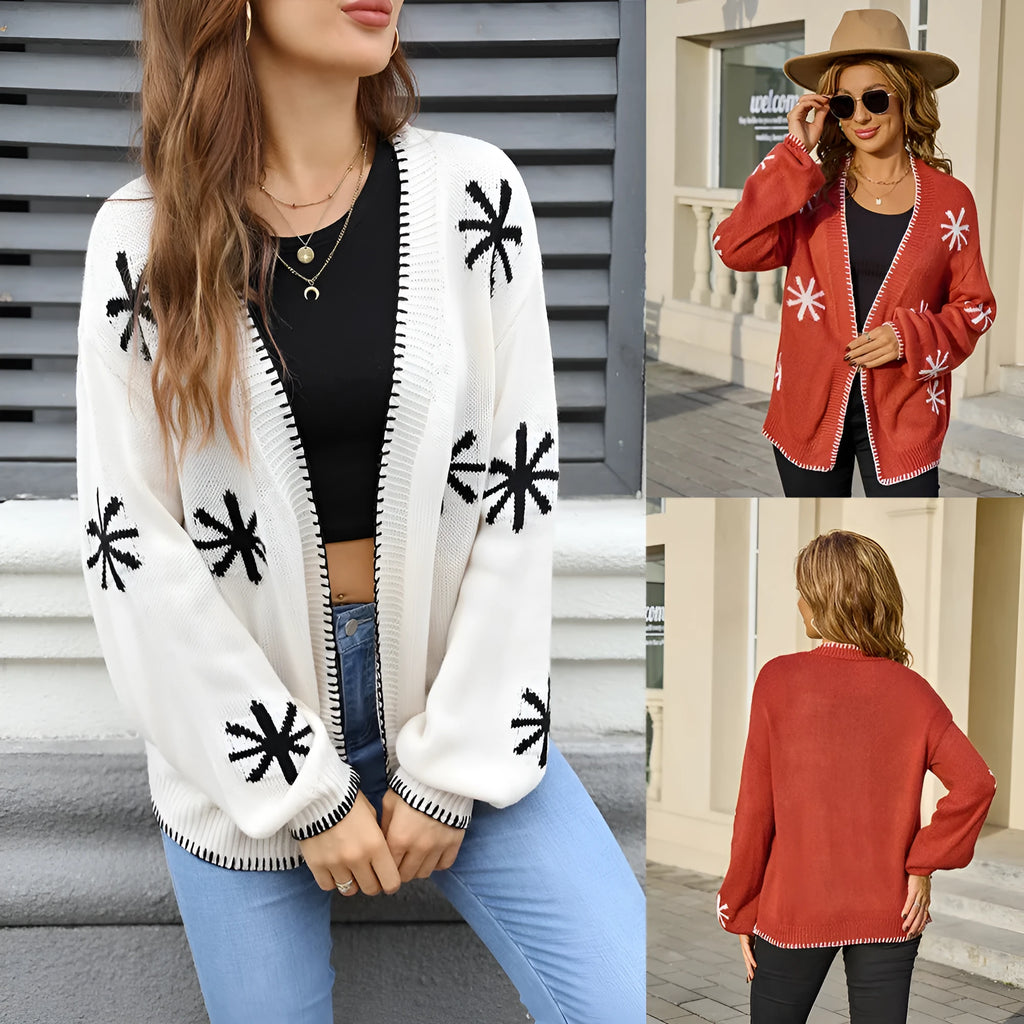 Plus size jacquard knitted cardigan off-neck flower pattern contrast colour street fashion coat acrylic beige
