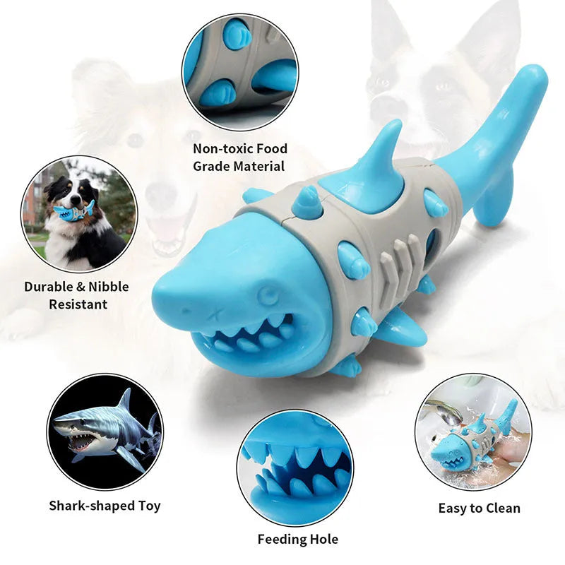 Blue grey and yellow shark tooth textured dog chew toy with visible air vents.