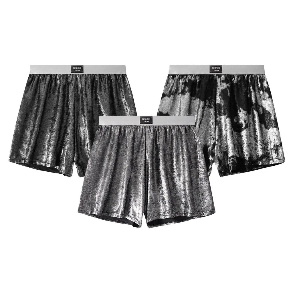 Galaxy reflective bright silver casual woven loose sports underwear in mid-waist design