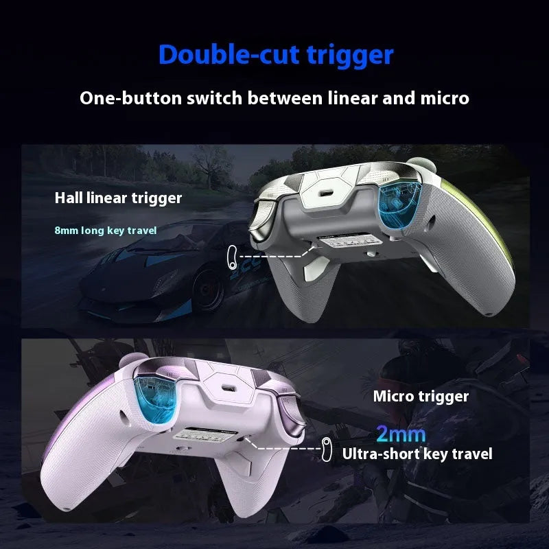 Rocker video game controller with charging dock in black, green, or purple, showing double-cut triggers and Type-C port.