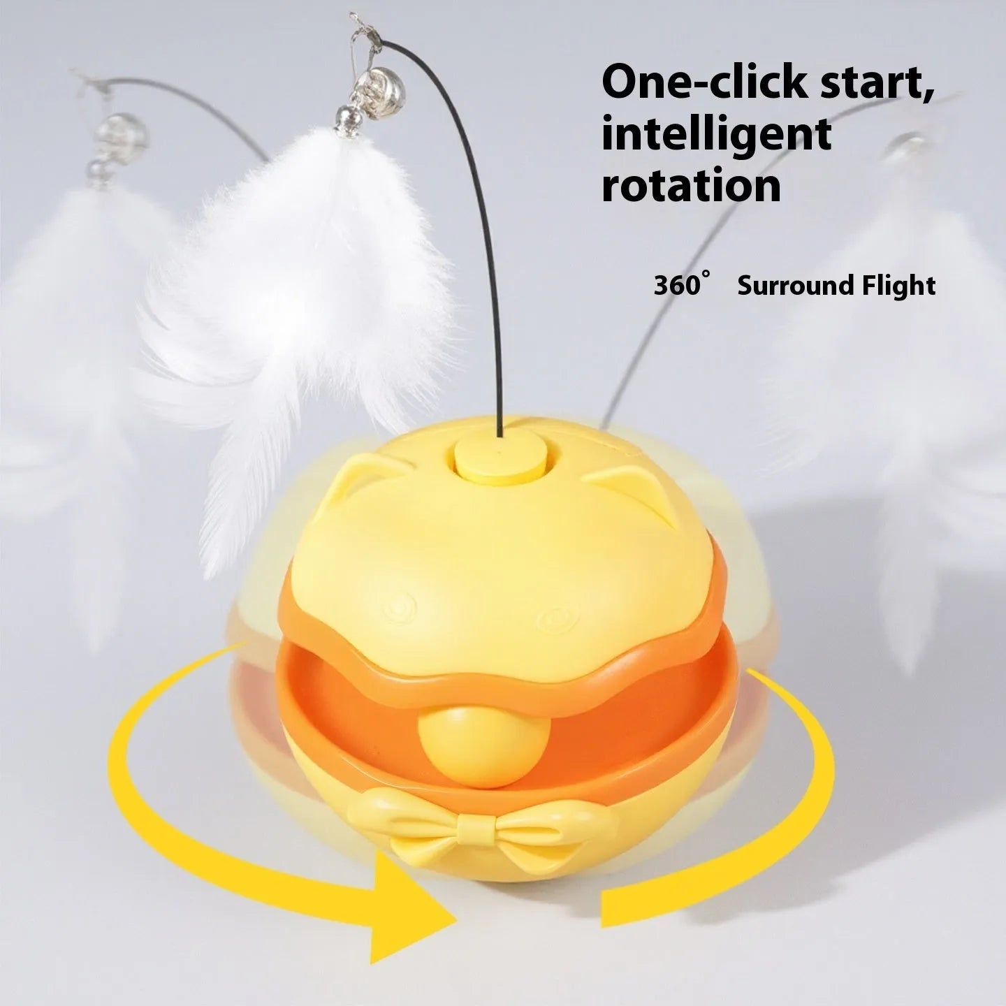 Electric cat tumbler teaser toy in lemon yellow colour on a hardwood floor.