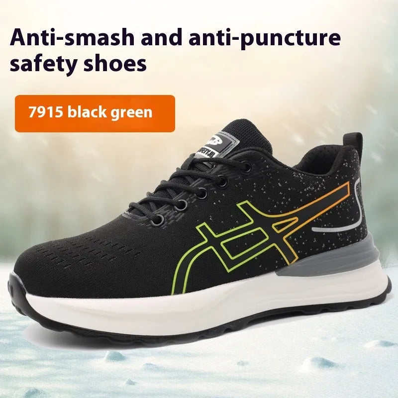 Brown leather steel toe cap safety work boots with a rubber sole on a work site background.